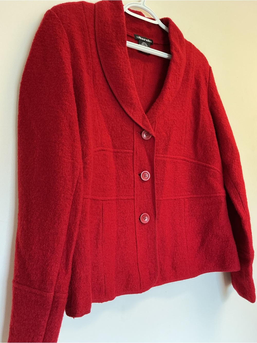 Sarah Felted Wool  Red Shawl-Collar Button Blazer Jacket